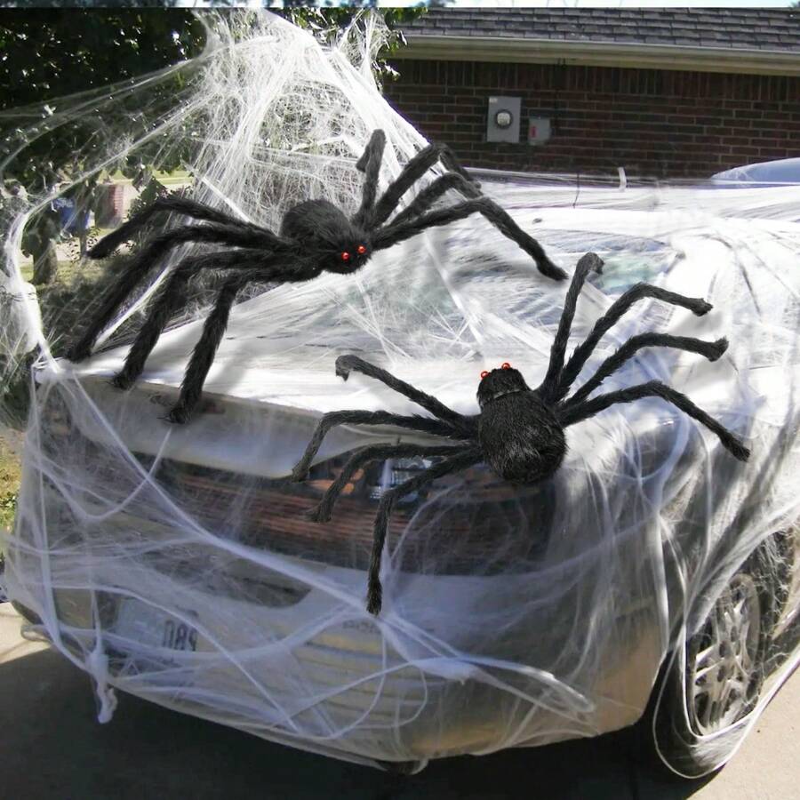 2 Packs 35.4inch Halloween Giant Hairy Spider Realistic Scary For Indoor Outdoor Home Yard Haunted Yard Decorations Car Decor Creates Spine-Tingling Atmosphere