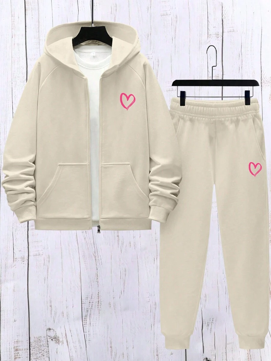 2pcs/Set Tween Girl Fashionable Heart Printed Hoodie Sweatshirt And Pants Casual Sports Set, Spring Autumn