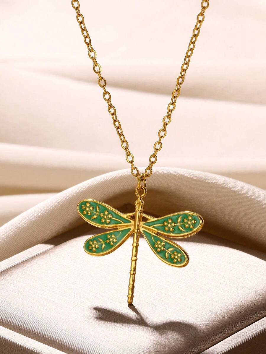 1 Stück Halskette für Frauen in Goldfarbe aus Edelstahl mit Libellen Anhänger, Choker, modischer Vintage Insekten Schmuckzubehör als Geschenk
