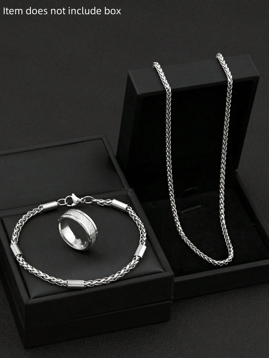 Men's Stainless Steel Jewelry Set Chain Necklace Chain Bracelet Chain Anxiety Ring Simple Sporty Style Suitable For Everyday Wear Holiday Gifts(Item Does Not Include Box)