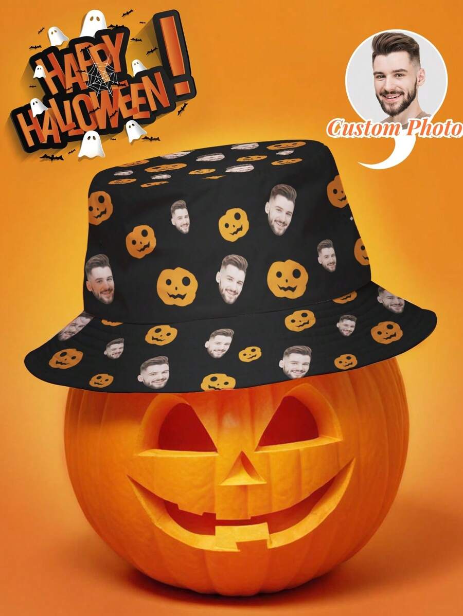 1 pieza Sombrero tipo cubo personalizado con diseño de cara para Halloween, unisex, sombrero tipo cubo personalizado como regalo de Halloween, sombrero tipo cubo personalizado con cara, sombrero de verano personalizado para fiesta, sombrero tipo cubo personalizado, gorra ancha personalizada de verano para exteriores
