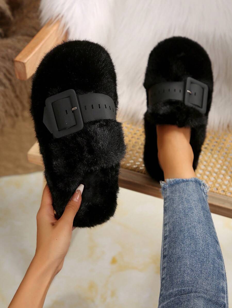 Fluffy Slide Sandals For Women, Closed Toe, Buckle Strap, Flat Bottom, For Indoor & Outdoor Wear, Autumn/Winter New