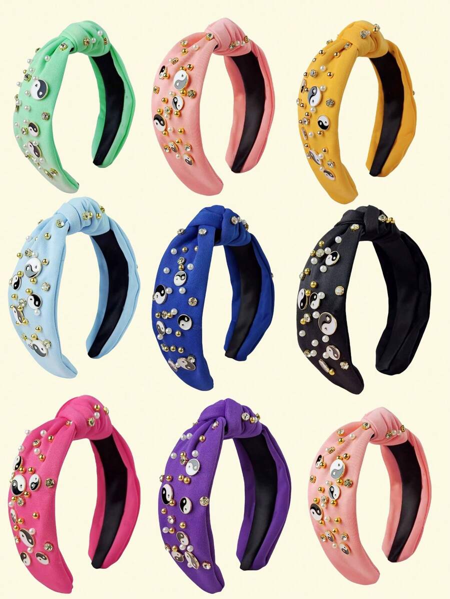 1 pieza Aro para el cabello con tela con motivo de Tai Chi y strass, accesorio de cabello versátil y personalizado estilo europeo y americano con nudo, adorno superior de calavera y cuenta