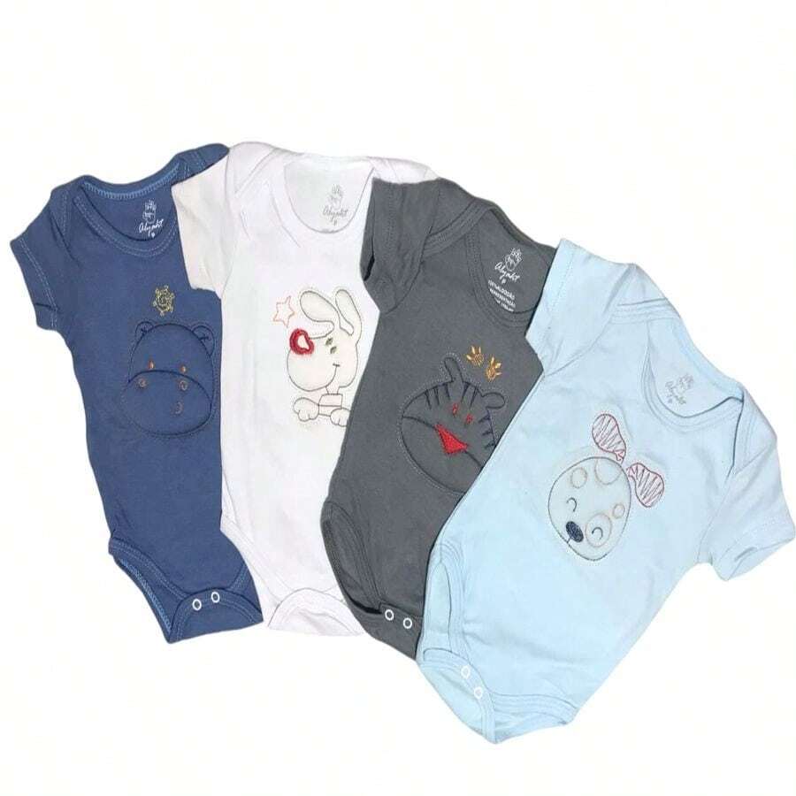 Kit 4 Short Sleeve Baby Bodysuits With Embossed Animals, Girl And Boy