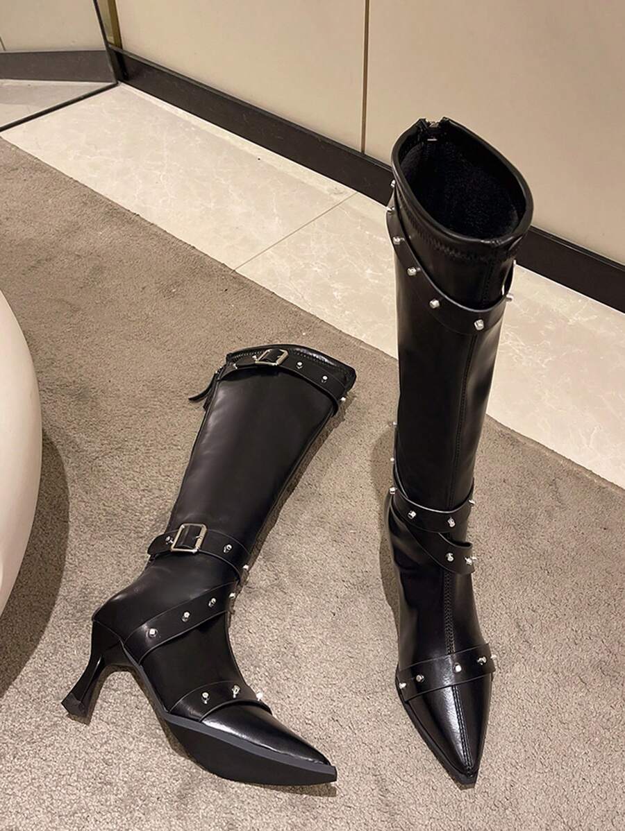 Women's Black Pointed Toe Stiletto Heel Over Knee Boots With Belt Buckle, Zipper Back European And American Style Riveted High Boots For Autumn 2024