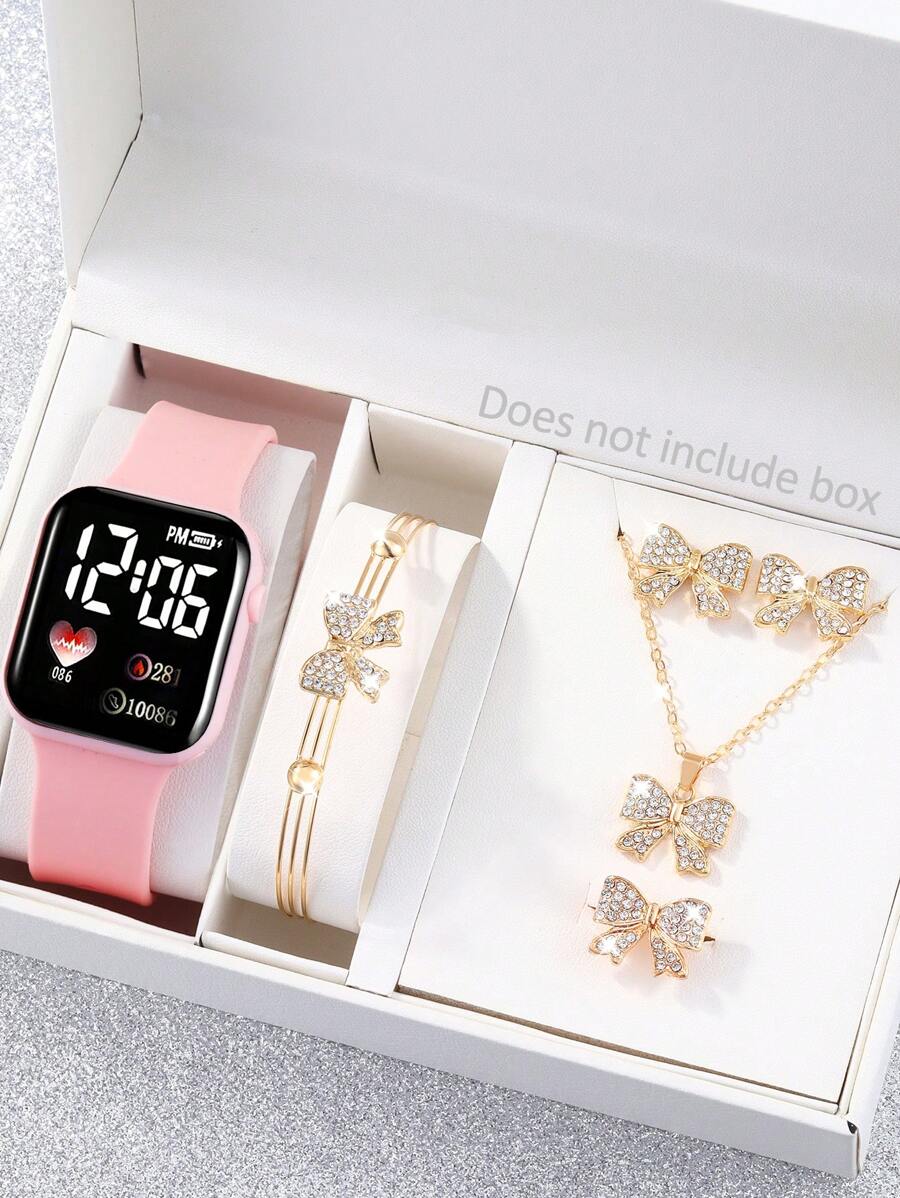 Set regalo di 6 orologi digitali elettronici LED per ragazze, include forma a cuore, quadrata, fiocco e gioielli, misura bambini