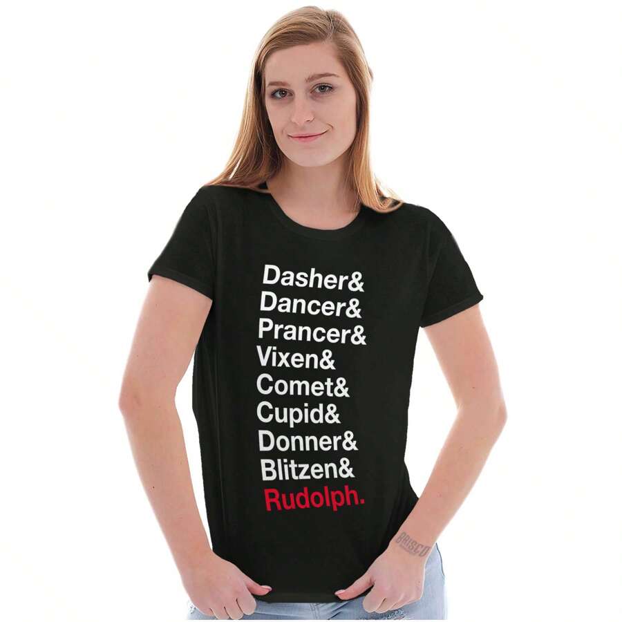Christmas Womens Fitted Graphic Tee Shirt Xmas Festive Winter Holiday Season Santa's Reindeer Dasher Dancer Prancer Vixen Comet Cupid Donner Blitzen Rudolph Ladies Casual Slim Fit Fashion Cotton Printed Short Sleeve Crewneck Tshirt Brisco Brands