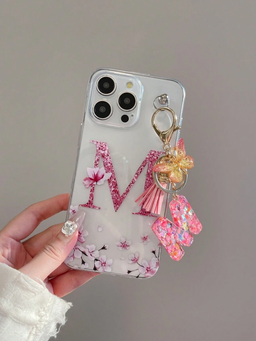 1 Set TPU Phone Case With UV Printed Flower & Letter M Pattern + Letter M Gold Metal Butterfly & Tassel Keychain, Compatible With Apple, , Phones
