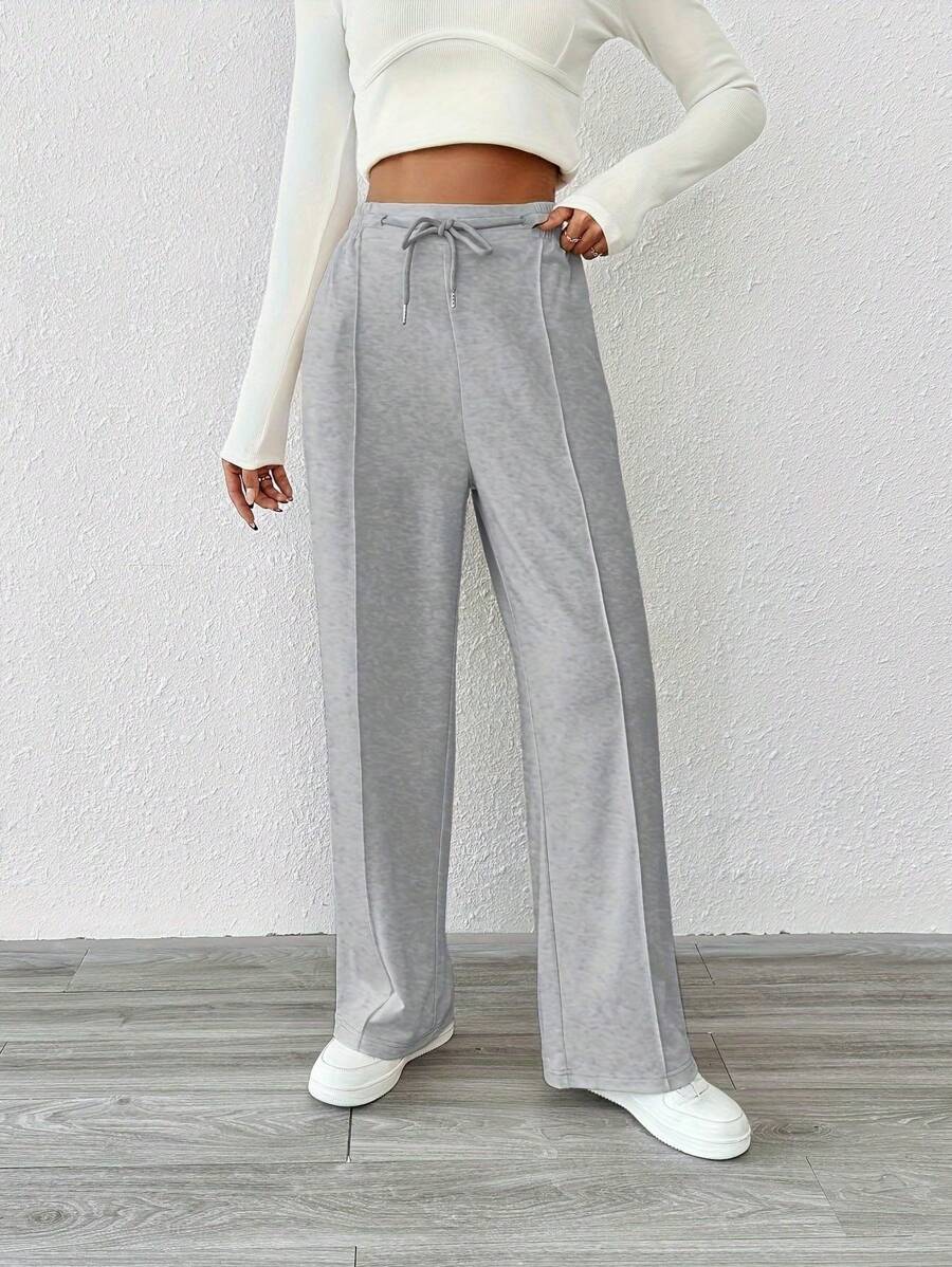 Pantaloni casual in tinta unita a vita alta con coulisse e gamba dritta