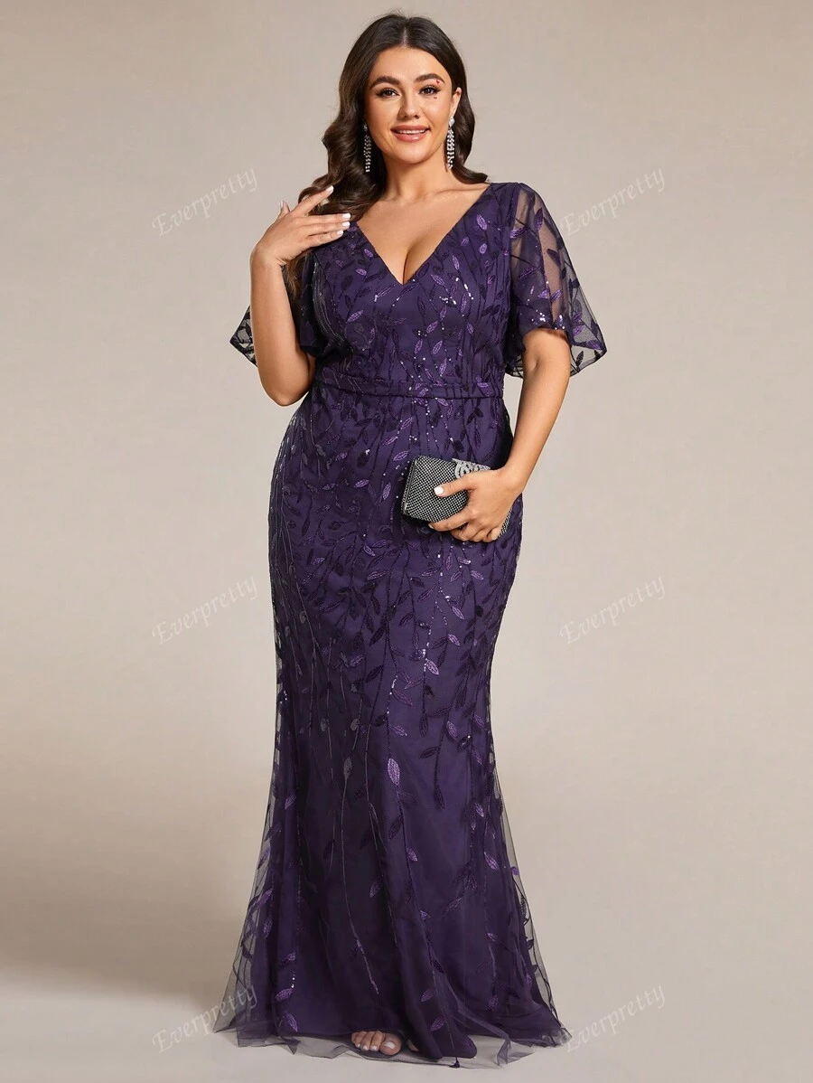 EVER-PRETTY Plus Size Women Sequin V-Neck Ruffle Sleeve Fish Tail Evening Dress, Elegant Formal Prom Gown, For Wedding Guest, Graduation, Dinner, Party Dress