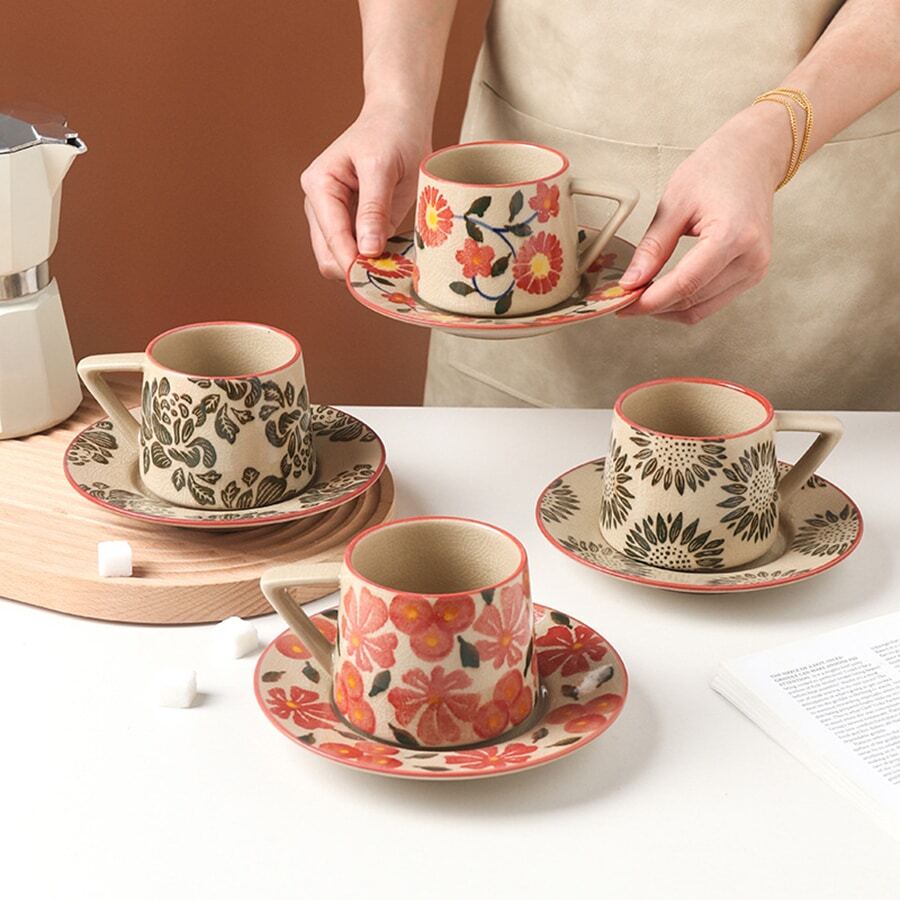 Juego de taza de café y platillo con estampado floral, taza de té de la tarde con acabado agrietado y creativo, taza de café con leche vintage, taza minimalista de oficina vuelta al colegio