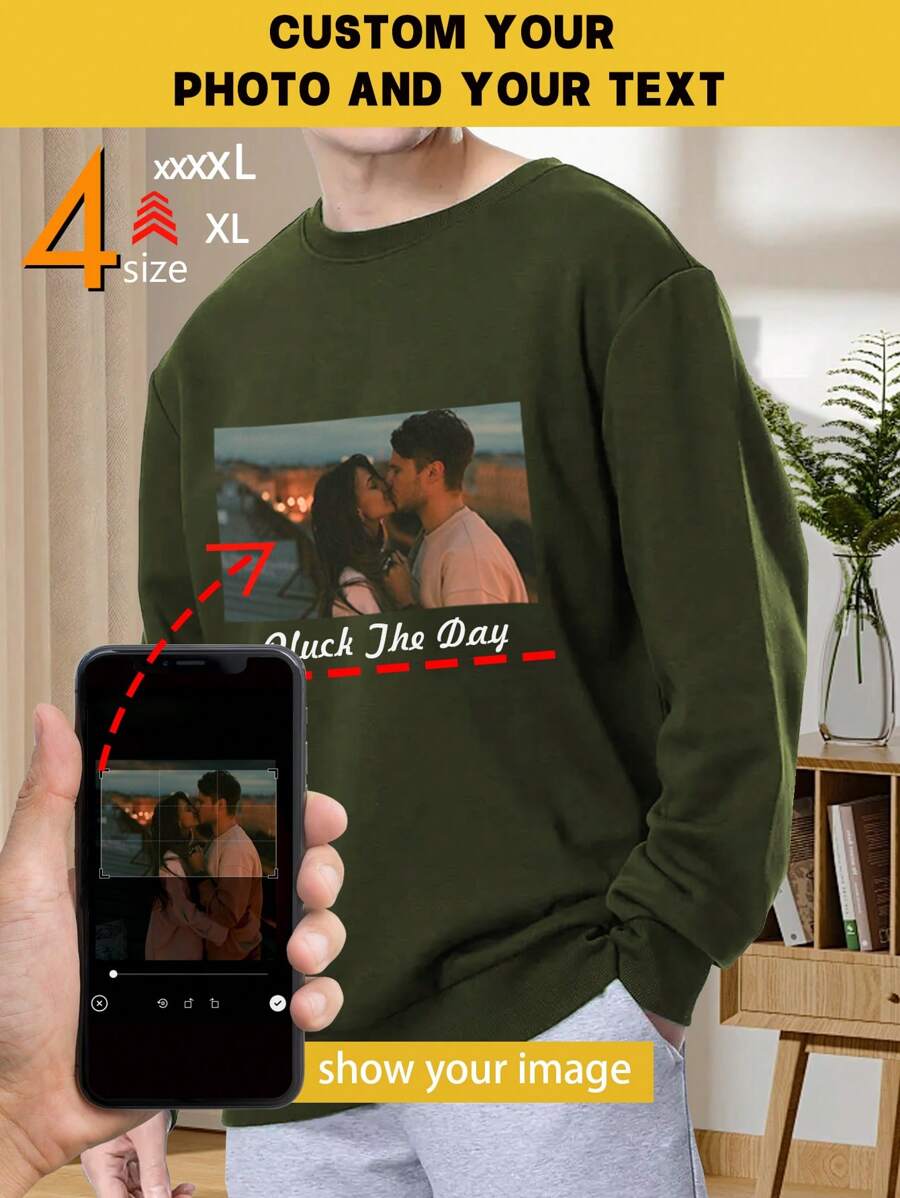 Customized Plus Size Men's Round Neck Long Sleeve Graphic Print Simple Funny Sweatshirt, Casual Everyday Wear