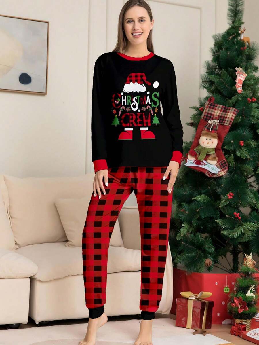 2pcs Women Christmas Pajama Set - Long Sleeve Top Printed With Santa Hat, Shoes, Letter Pattern And Plaid Pants