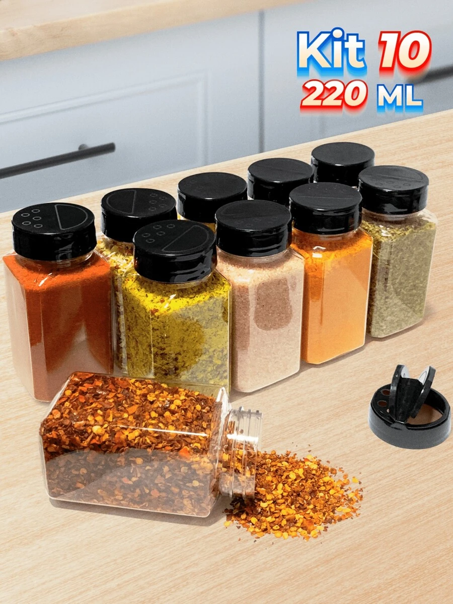10 Porta Tempero 220ml de Plástico Tampa Dosadora Dupla Reforçada para Especiarias Parrilha Sal Grosso Pimenta Temperos Organiza Cozinha Dispensa Armário + Etiquetas