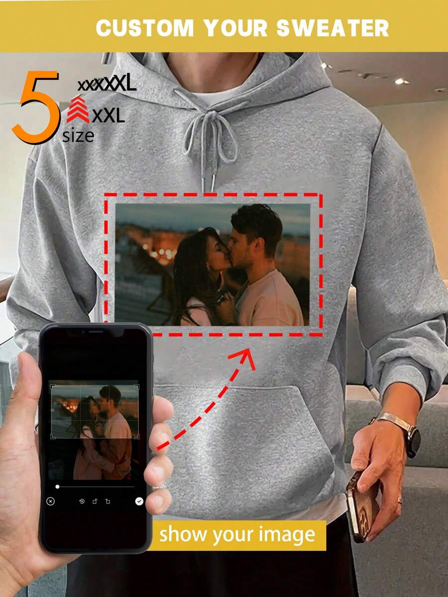 Custom Graphic Print Pocket Decorated Long Sleeve Hooded Funny Sweatshirt For Plus Size Men
