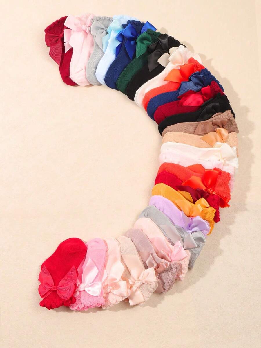 12 Pairs Infant/Toddler Girls Random Solid Color Bow Decor Princess Socks, Autumn/Winter