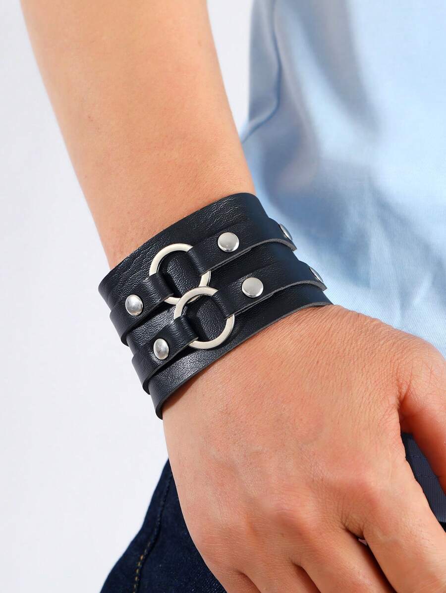 1 pièce Bracelet de poignet en PU pour hommes à boucle double style punk rock métal