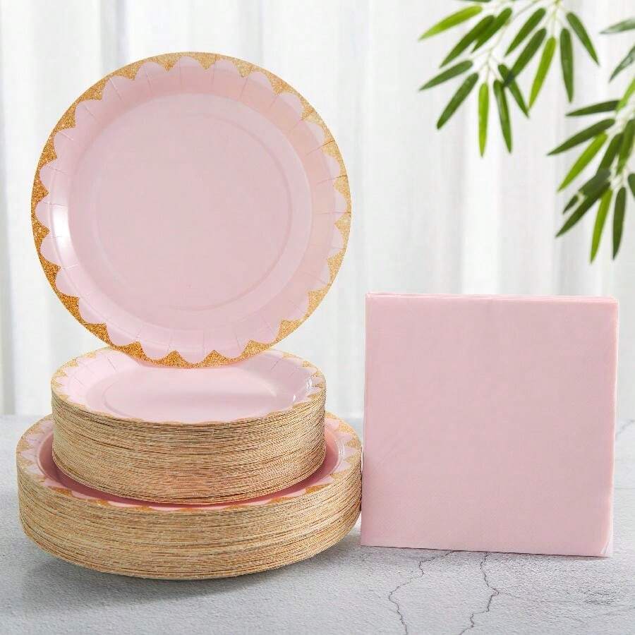 24pcs Pink & Gold Floral Disposable Plates & Napkins Set, Paper Plates & Napkins For Party, Birthday, Wedding, Family Picnic,Christmas
