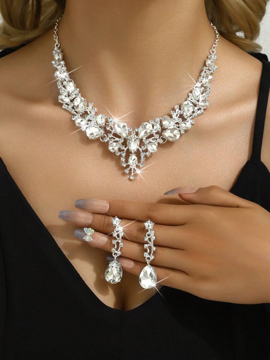 3pcs Women's Jewelry Set, Necklace And Earrings, Luxury Crystal Decor For Formal Gown