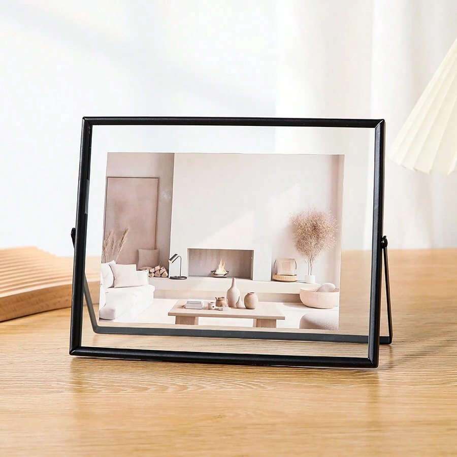 1pc Transverse Black Metal Photo Frame, Photo Desktop Decorative Frame, Acrylic Transparent Stand Photo Frame, Fall Farmhouse Room Decor