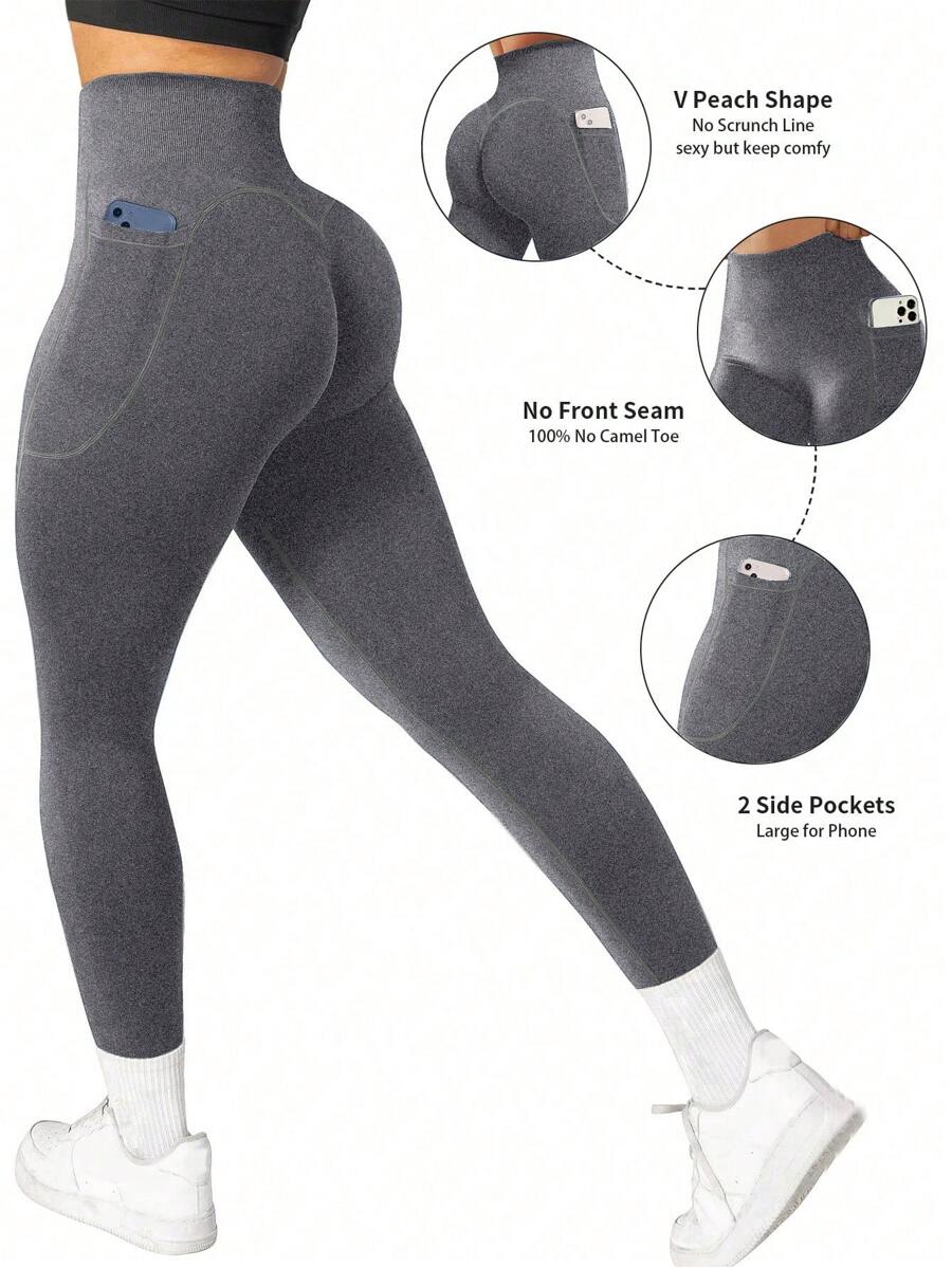 Summer Workout 1pc High Waist Solid Color Yoga Leggings With Pocket, Suitable For Hiking, Outdoor Sports And Casual Wear
