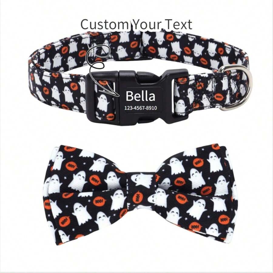 1 pièce Collier de chien personnalisable pour Halloween avec nœud papillon, réglable, conceptions de crâne, citrouille, chauve-souris, fantôme, accessoires pour animaux de compagnie pour Halloween, fournitures pour chiens, meilleur cadeau d'Halloween pour les animaux de compagnie
