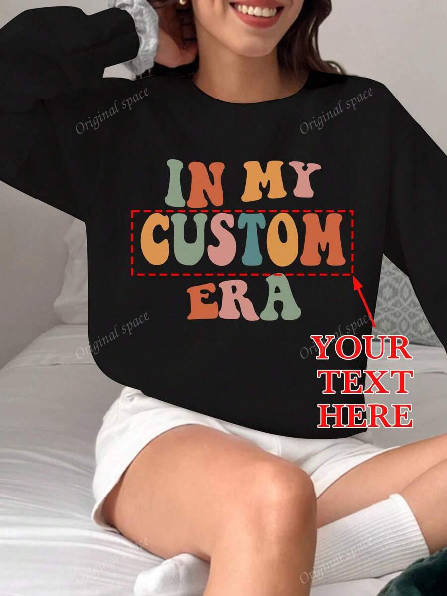 Customizable Colorful Text Print Crew Neck Sweatshirt, Personalize With Your Own Text/Name/Greeting, Suitable For Baby/Friend/Couple/Pet Colorful Font, Family Gathering Group Clothing, For Autumn, Women Tops, Black Hoodie, Holiday Gift, Valentine's Day Gift, Anniversary Gift, Wedding Gift, Best Friend Gift