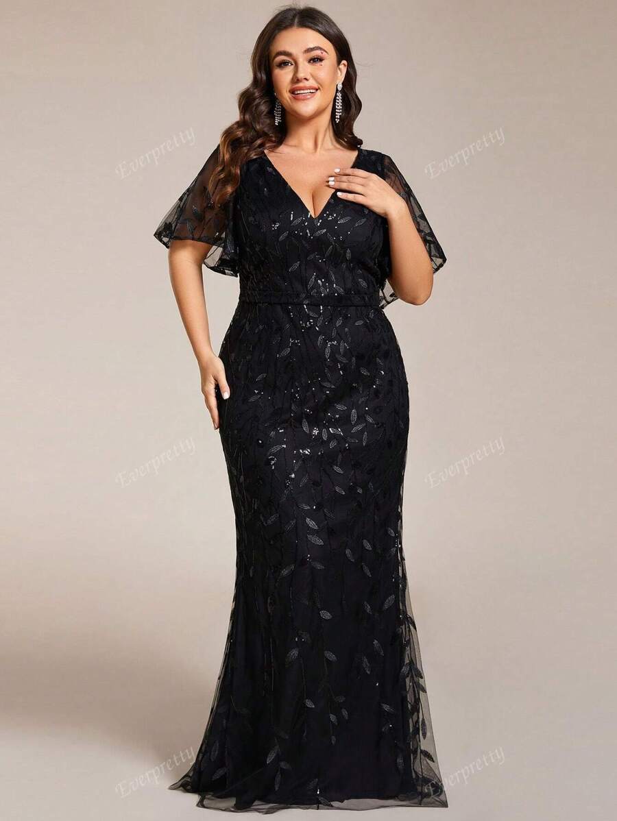 EVER-PRETTY Plus-size dames V-hals met pailletten, ruches en mouwen, zeemeerminjurk, formele jurk, feestjurk, bruiloftsgastjurk, avondjurk, jurk