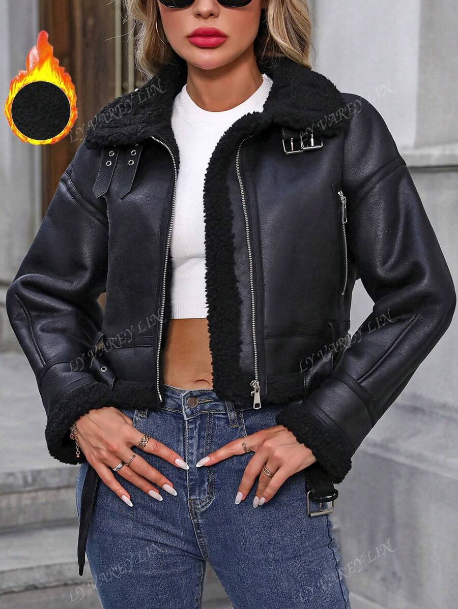 Chaqueta bomber de motorista de piel sintética con forro de borreguillo para mujer, chaqueta casual de otoño tardío con bolsillos, cremallera, hombros caídos y cuello, ajuste regular con colorblock negro, chaquetas de mujer sencillas, abrigada para el invierno/moda invernal