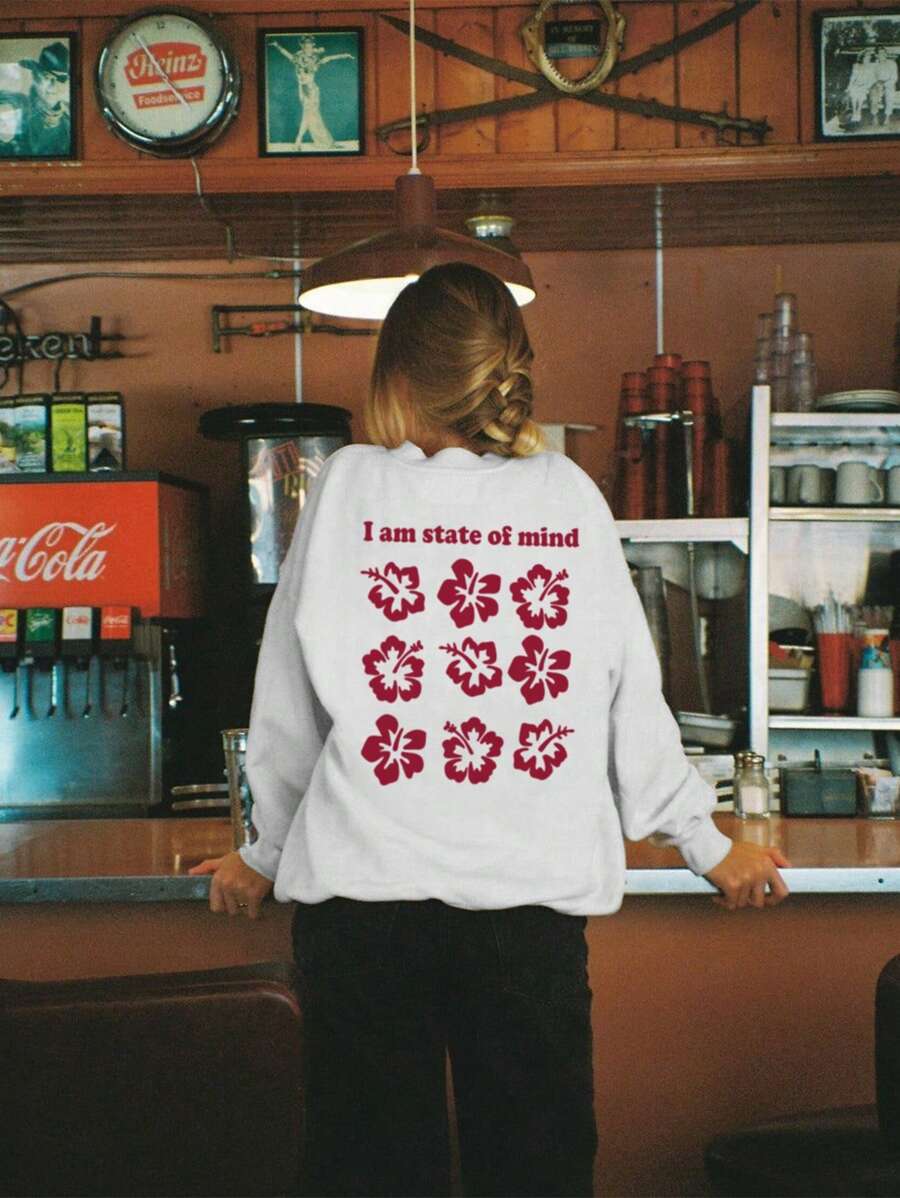 Women Letter & Floral Print Crew Neck Casual Long Sleeve Pullover Sweatshirt