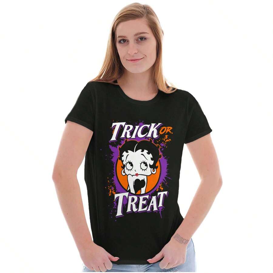 Betty Boop Womens Fitted Graphic Tee Shirt Cute Vintage Retro Cartoon Character Halloween Trick Or Treat Slogan Ladies Casual Slim Fit Fashion Cotton Printed Short Sleeve Crewneck Tshirt Brisco Brands