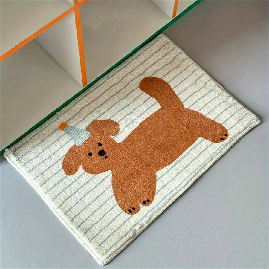 1pc Cute Cartoon Dog Pattern Bath Mat, Non-Slip Polyester Faux Wool Rug, Suitable For Bathroom, Bedroom, Living Room - Machine Washable, Striped Pattern, Soft & Easy To Clean