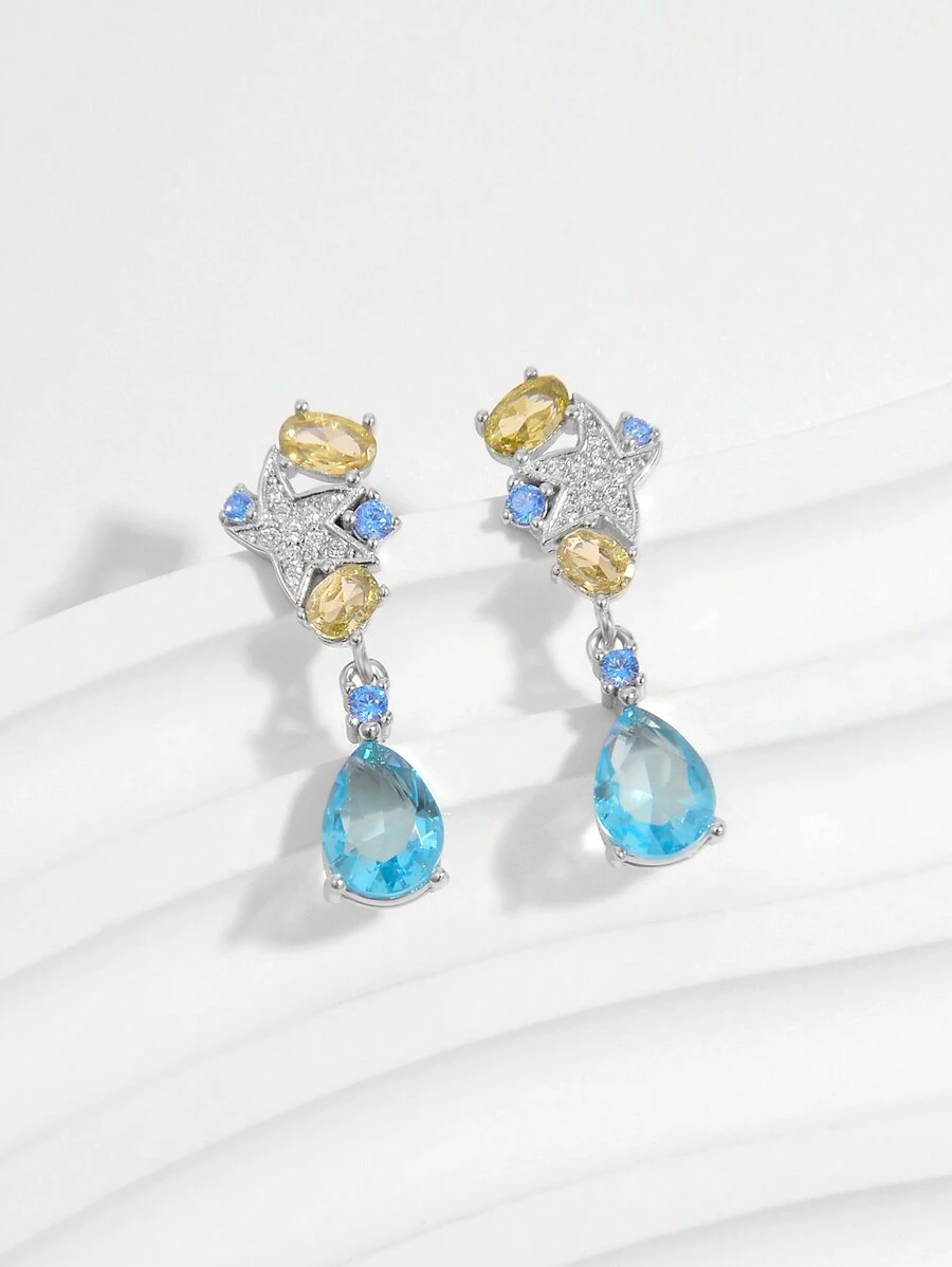 1 Pair New Luxury S925 Sterling Silver Fashion Colorful Water Drop Star Shaped Long Earrings With Sparkling Zirconia, Elegant Glamorous Jewelry Gift For Wedding Party