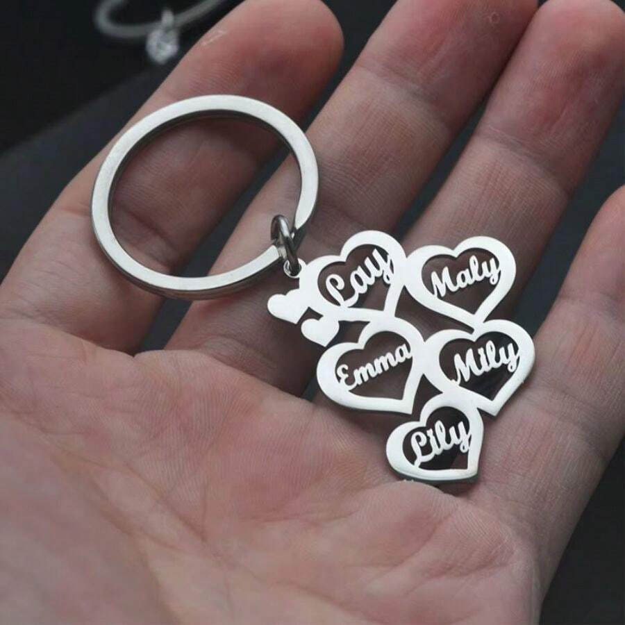 1pc Customized 1-5 Names Heart-Shaped Keychain, Stainless Steel Personalized Surname Pendant Keyring Gift For Family