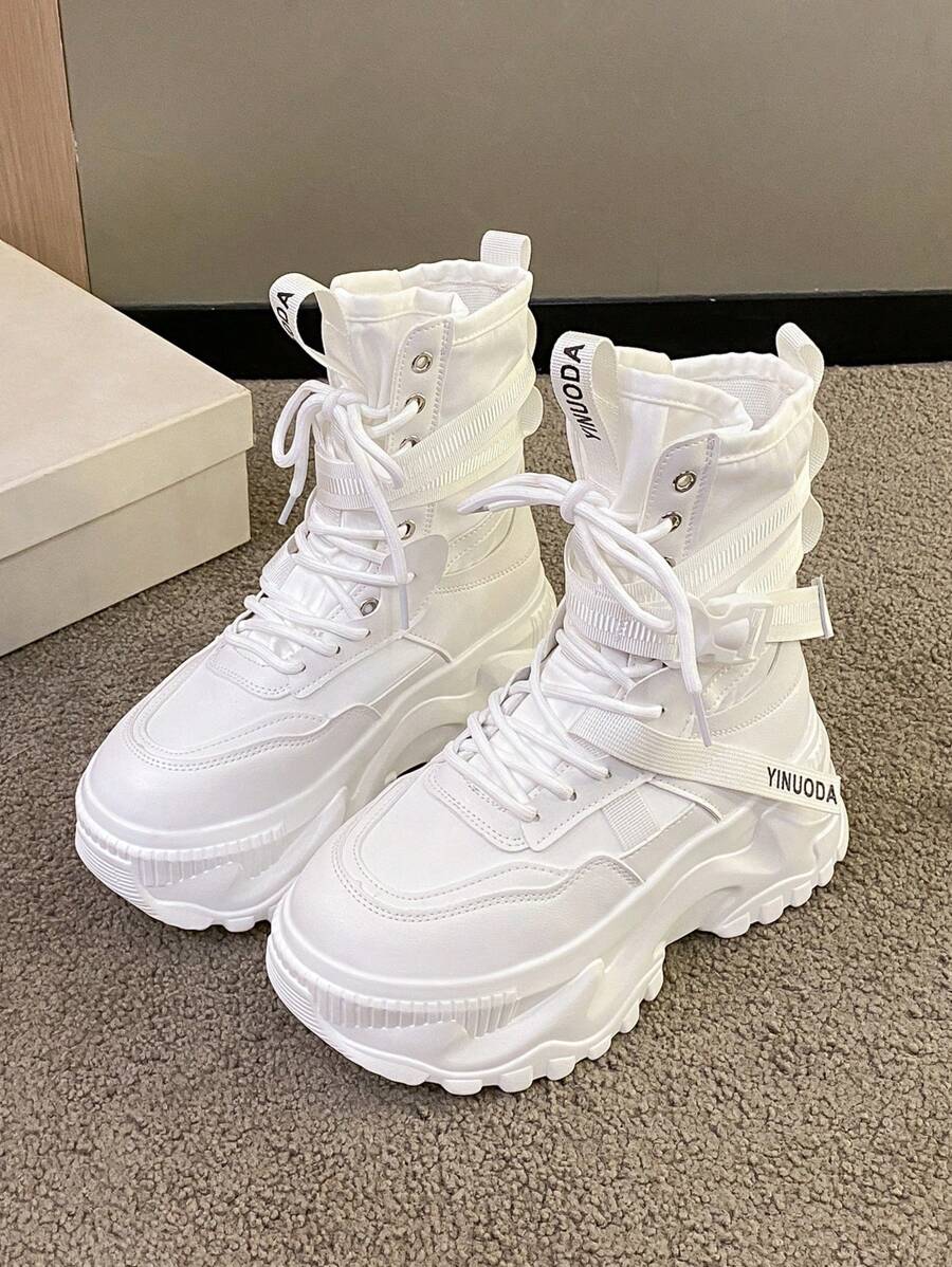 Botas de Cano Médio Femininas com Cadarços, Solas Grossas e Antiderrapantes, Bota de Princesa de Bico Redondo com Estilo de Rua, Couro Branco, Outono/Inverno