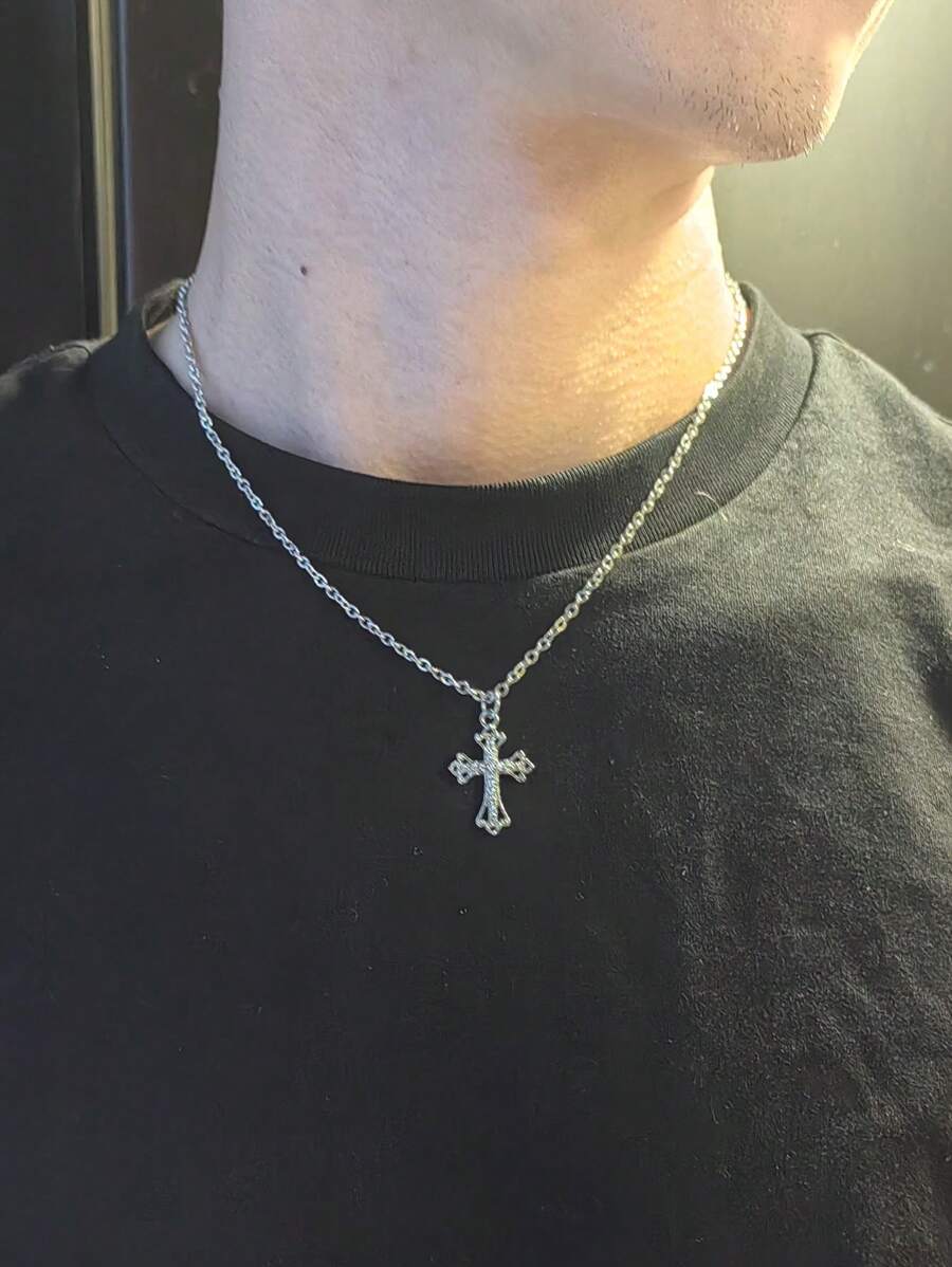 Retro Gothic Style Rhinestone Studded Star & Cross Stainless Steel Chain Necklace For Women And Men