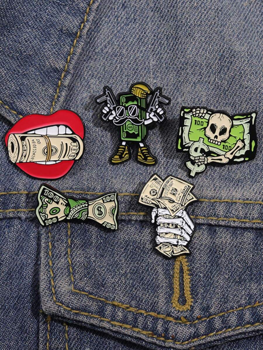 1 pieza Broche asimétrico con diseño de cabeza de esqueleto/billete de dólar único, accesorio de moda para ropa o sombrero