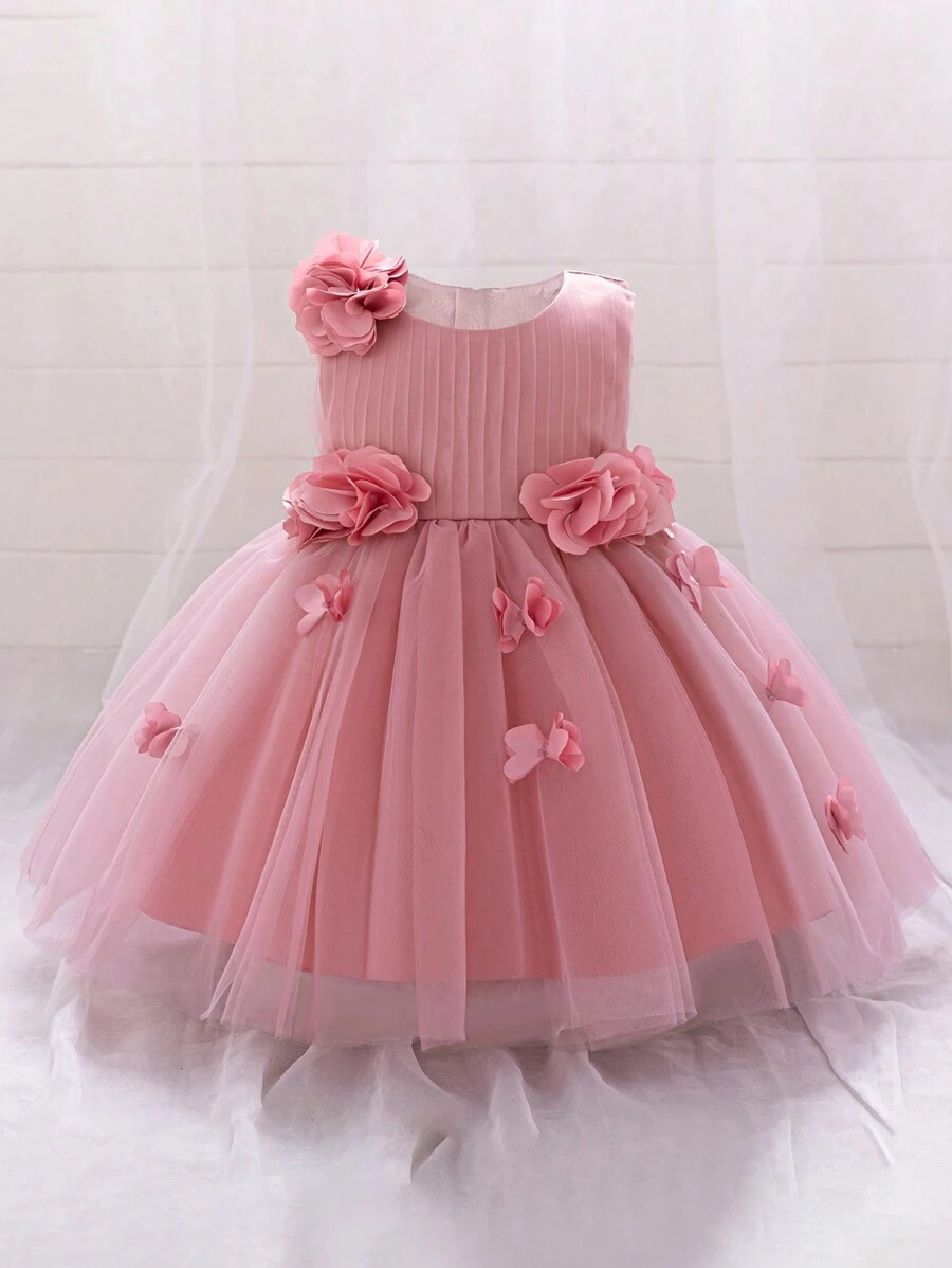 Baby Girls Solid Color Mesh & Satin Sleeveless Floral Decor Elegant Flower Girl Dress For Wedding Party
