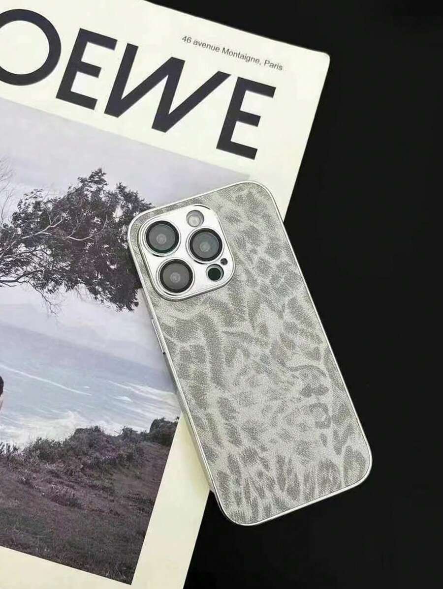 Fashion New Silver-Gray Sheepskin Leopard Print Electroplated PU Leather TPU Shockproof Phone Case Protective Cover Compatible With IPhone 11/12/13/14/15/16/Pro Max