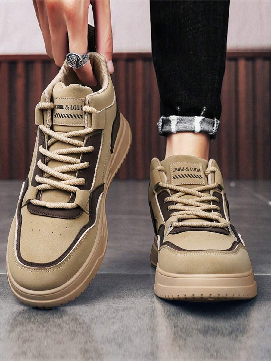 Men High Top Leather Boots, Casual Lace-Up Mid-Calf Boots, Retro Punk Thick Sole Ankle Boots, High Top Sneakers, Versatile Leather Western Style Boots, Breathable Cargo Boots For Outdoor, Party, Street Wear