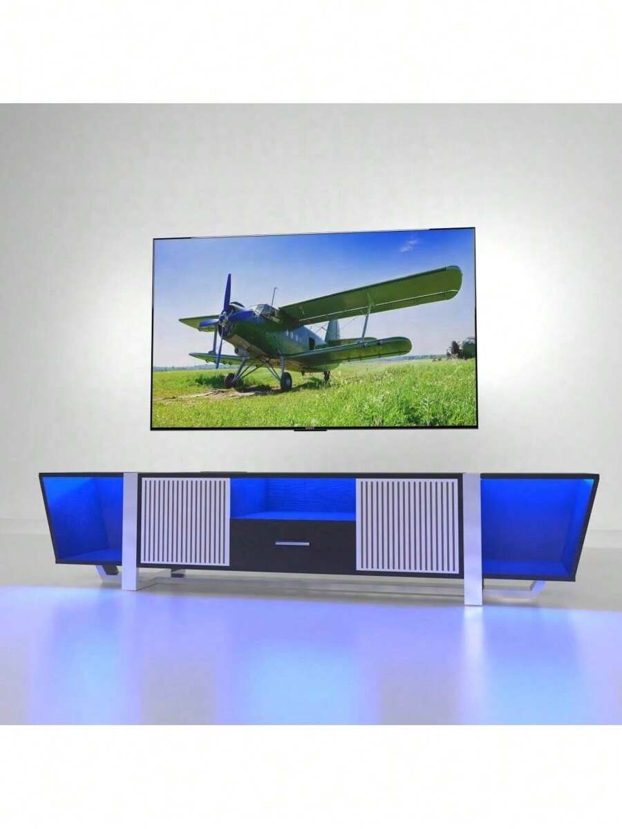 TV Console With Large Storage Cabinets, Biplane Shape Design LED TV Stand With Remote Control, Multiple Modes Changing Lights Modern Entertainment Center With Power Cord, Black,Good Furniture