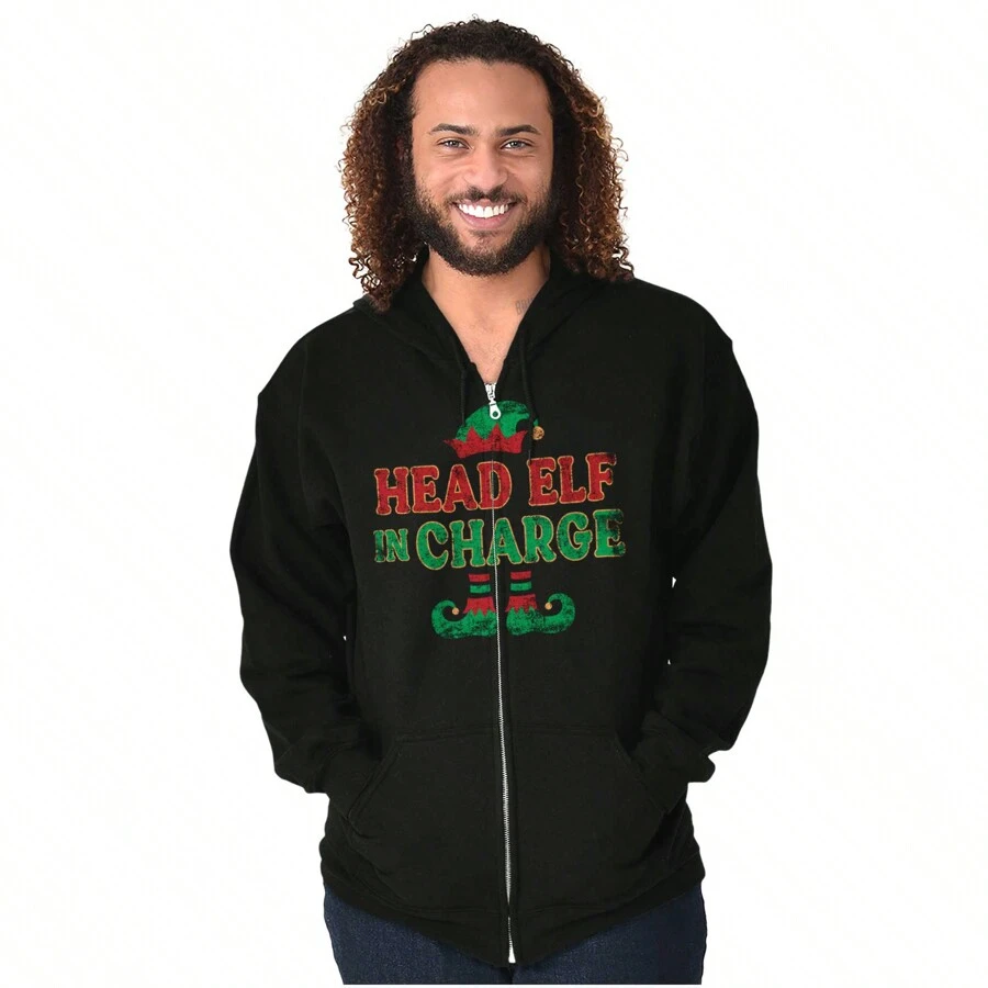 Christmas Graphic Zipper Hoodie Xmas Festive Winter Holiday Season Santa's Helper Head Elf In Charge Casual Everyday Cotton Printed Thermal Lined Zip Up Drawstring Hooded Sweatshirt Brisco Brands