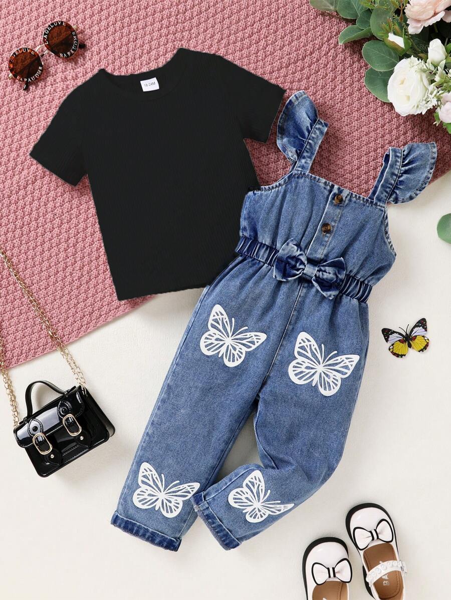 Conjunto de 2 peças/jovem menina elegante doce fofo listra sólida camiseta e borboleta estampado babados jeans macacão roupa casual diária festa de feriado