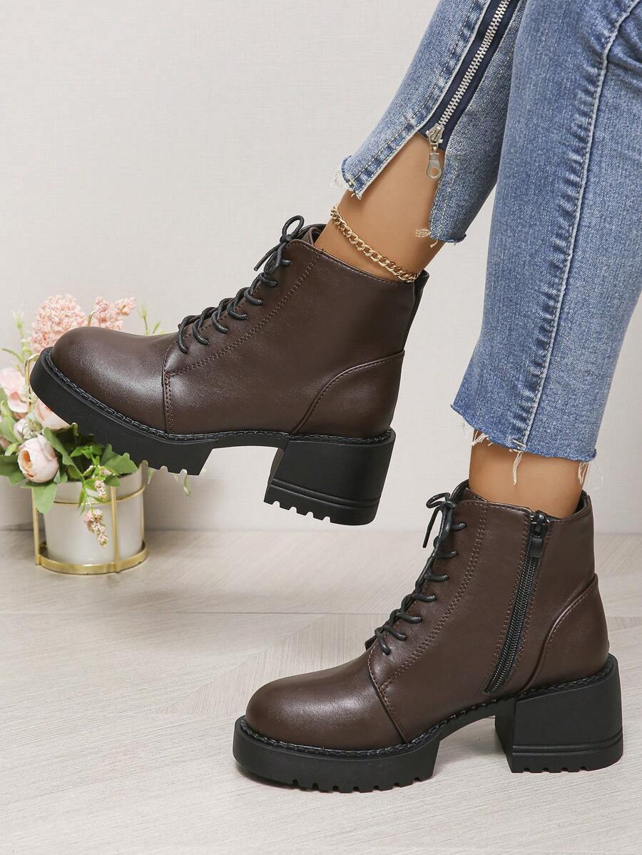 Women's New Platform Thick Sole Comfortable Side Zipper Ankle Boots, Round Toe Motorcycle Boots, Outdoor Round Toe Side Zip Lace-Up Naked Boots, Coffee Color