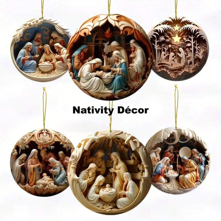 Decoração de Natal 6 peças Presépio Enfeites de Madeira Conjunto - Efeito 3D Pingentes de História Bíblica para Decoração de Casa e Feriados, Perfeito para Aniversários e Festas
