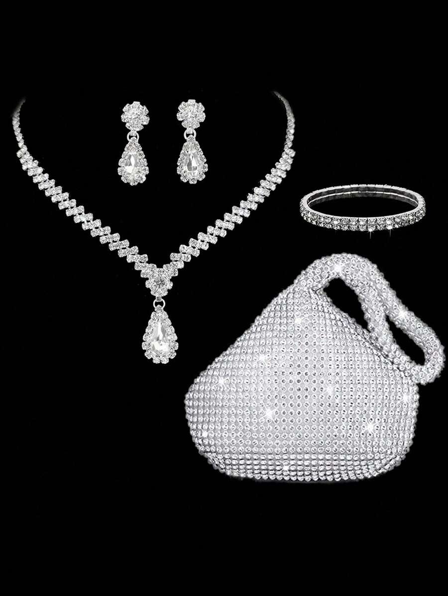 Bolsa de Mão com Cristais Embelezados e Luxuoso Conjunto de Joias com Colar, Brincos, Pulseira com 4 Peças, para Festa, Bolsas de Festa, Perfeito para Festa, Casamento, Baile de Formatura, Jantar/Banquete, Itens Essenciais para Casamento, Combina Perfeitamente com Vestido de Formatura, Vestidos de Baile de Formatura
