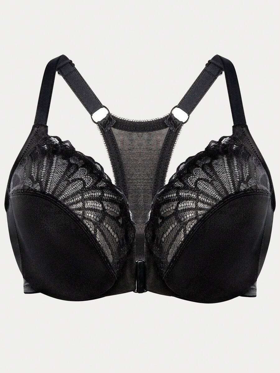 MELENECA Soutien-gorge à armatures en dentelle avec fermeture sur le devant et dos nageur pour femme, non doublé, grande taille, couverture complète