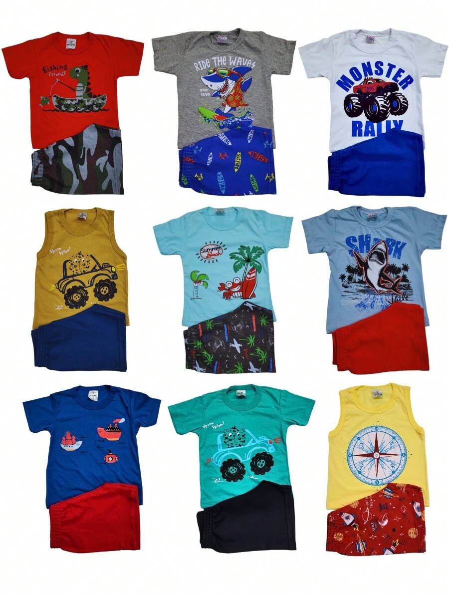 Kit 8 Peças de Roupas Infantil MeninO SORTIDO - 4 Blusas + 4 Shorts