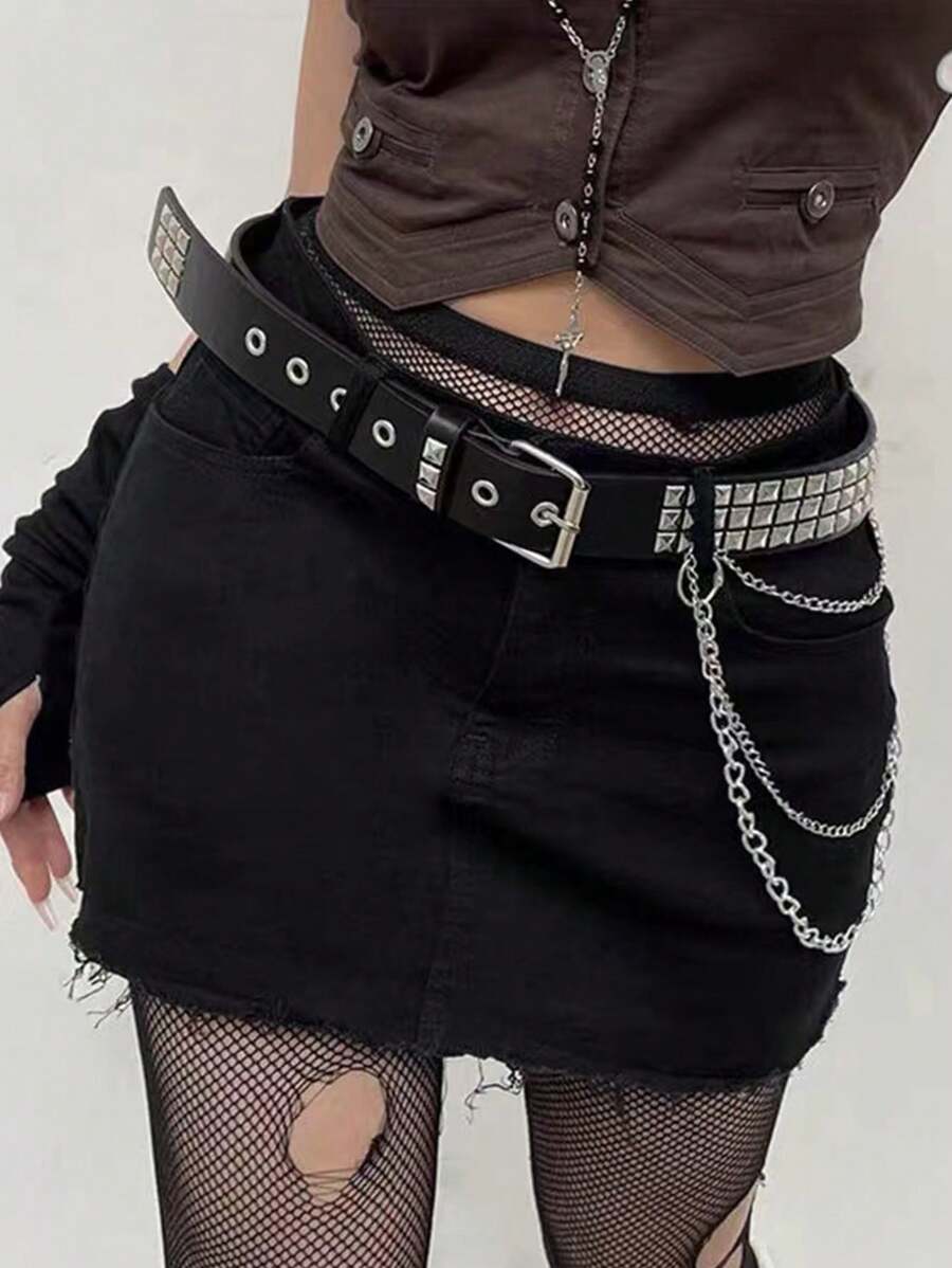 Damski nowy pasek skórzany w stylu punkowym z metalowym łańcuchem, modny dodatek vintage do dżinsów na lato, do szkoły