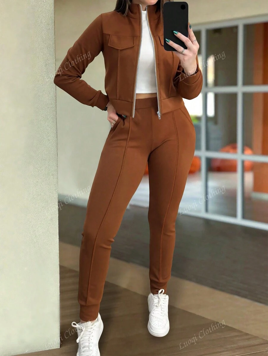 Set de 2 piezas para mujer de pantalón delgado con bolsillo y cintura elástica, y cazadora corta de cremallera de color liso, para primavera/otoño/invierno